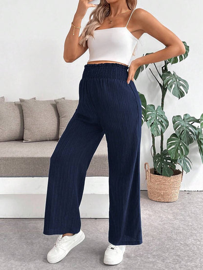 Maternity Wide Leg Textured Pants in Black High Waist Loose Fit Summer Beach Flowy Trousers for Women