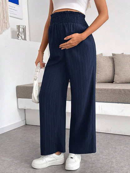Maternity Wide Leg Pants - Shirred Waist, Loose Fit, Ultra High Waist, Apricot
