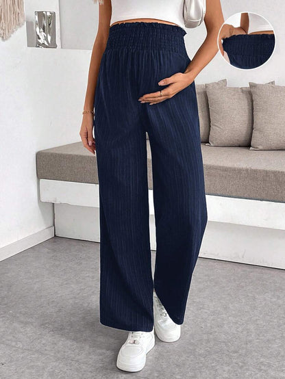 Maternity Wide Leg Pants - Shirred Waist, Loose Fit, Ultra High Waist, Apricot