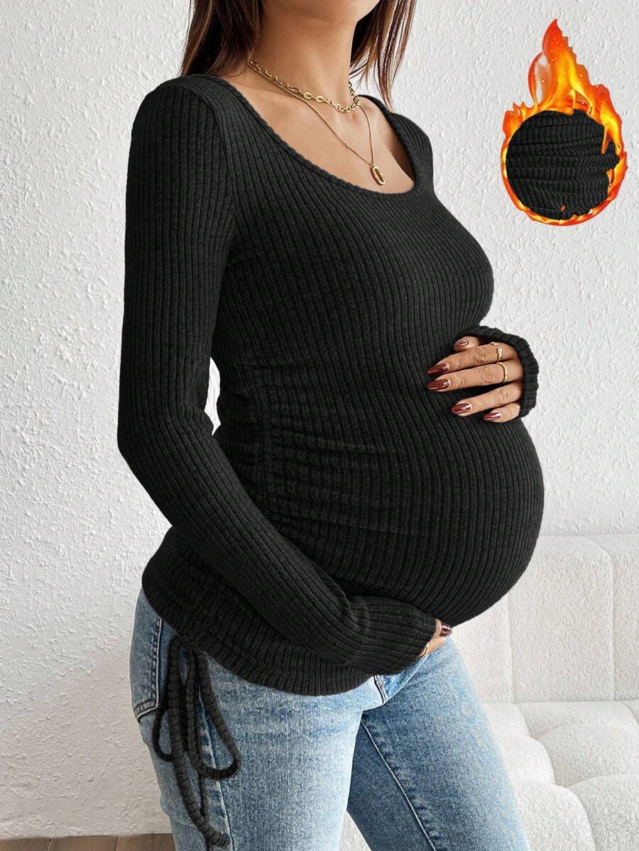 Maternity Drawstring Nursing Top - Square Neck, Long Sleeve, Slim Fit, High Stretch, White