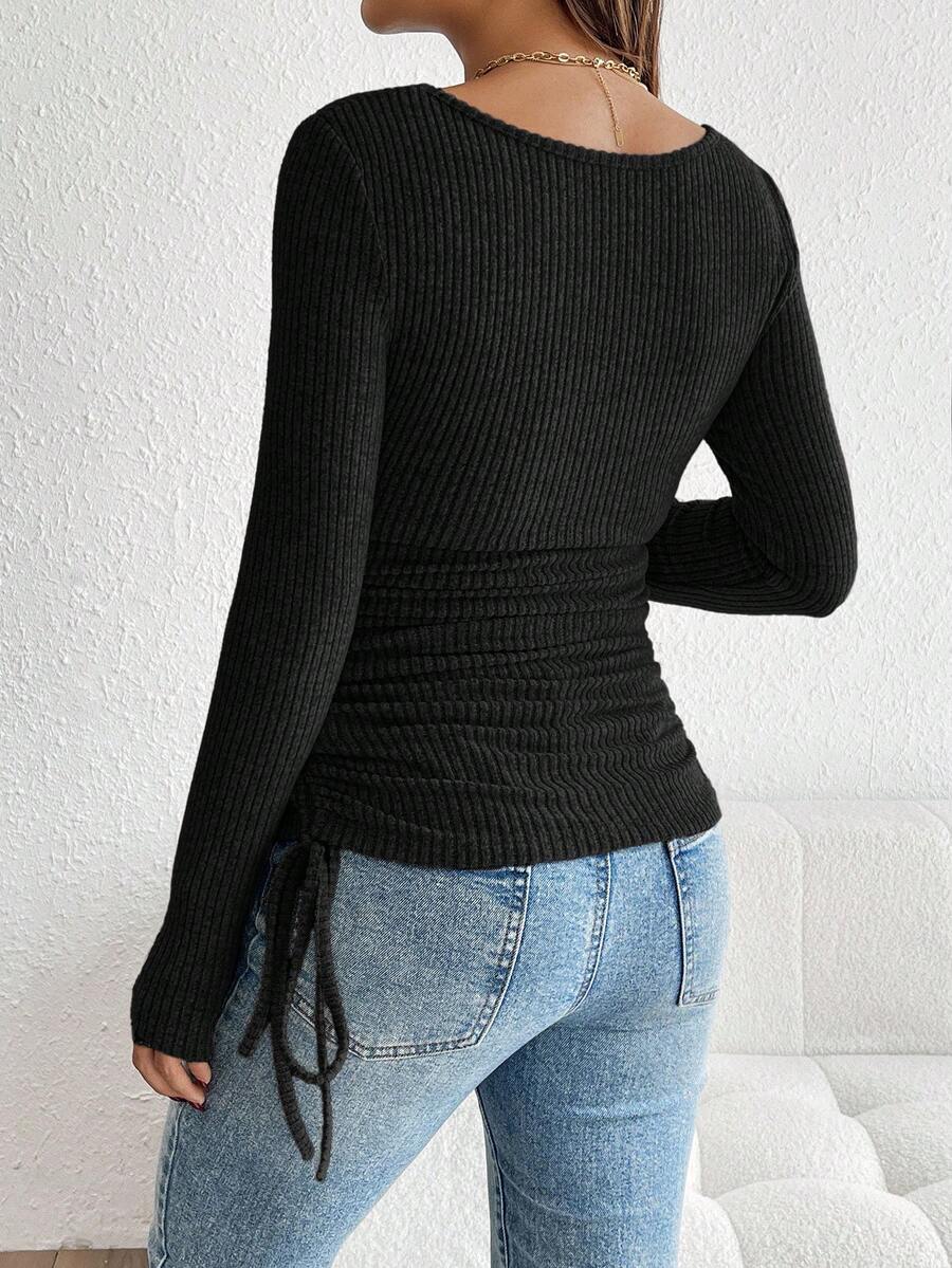 Maternity Drawstring Nursing Top - Square Neck, Long Sleeve, Slim Fit, High Stretch, White