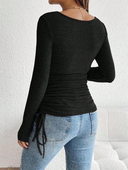 Maternity Drawstring Nursing Top - Square Neck, Long Sleeve, Slim Fit, High Stretch, White