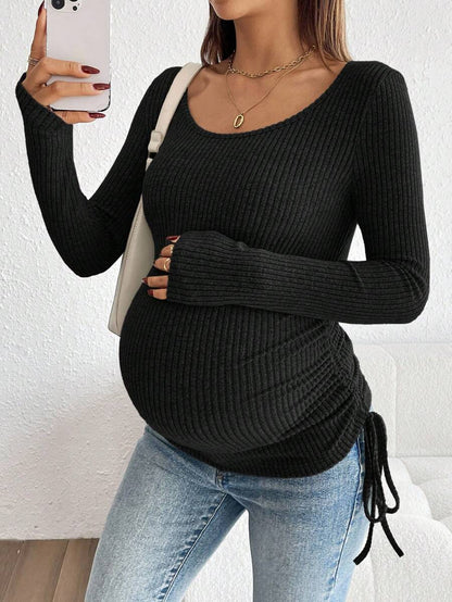 Maternity Drawstring Nursing Top - Square Neck, Long Sleeve, Slim Fit, High Stretch, White