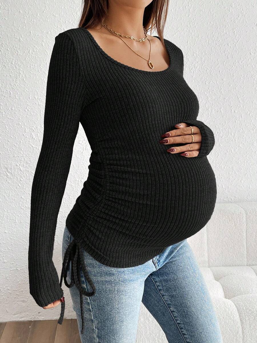 Maternity Drawstring Nursing Top - Square Neck, Long Sleeve, Slim Fit, High Stretch, White