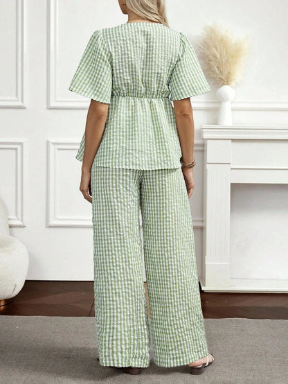 Maternity 2-Piece Plaid Lounge Set - Baby Blue Lace-Up Ruffle Blouse and Wide Leg Pants Set