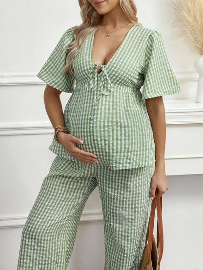 Maternity 2-Piece Plaid Lounge Set - Baby Blue Lace-Up Ruffle Blouse and Wide Leg Pants Set