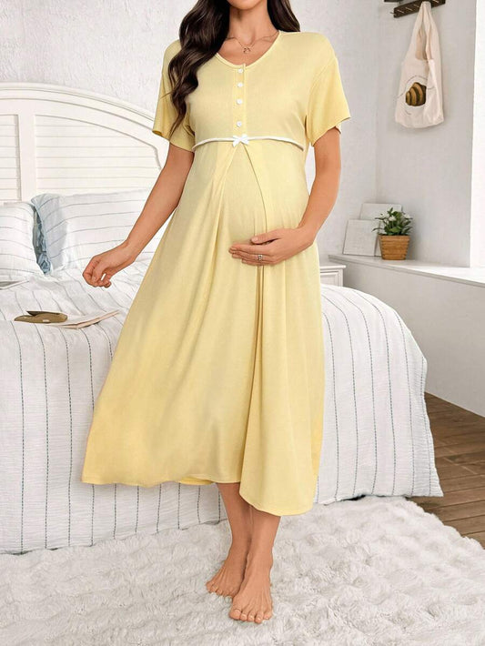 Maternity Solid Color Nightgown Women Round Neck Short Sleeve Nursing Sleepwear Breastfeeding Pajama Dress