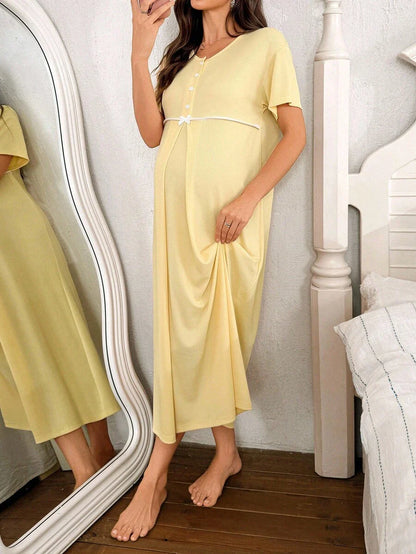 Maternity Solid Color Nightgown Women Round Neck Short Sleeve Nursing Sleepwear Breastfeeding Pajama Dress