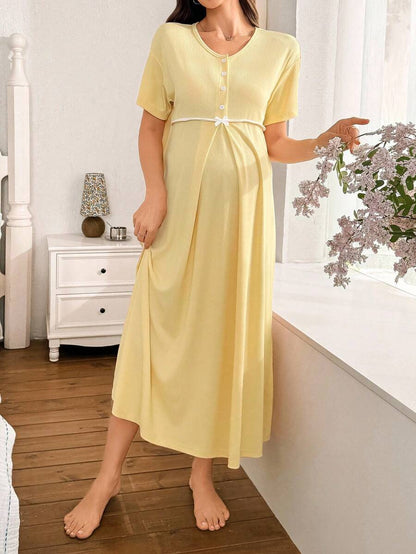 Maternity Solid Color Nightgown Women Round Neck Short Sleeve Nursing Sleepwear Breastfeeding Pajama Dress