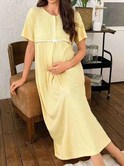 Maternity Solid Color Nightgown Women Round Neck Short Sleeve Nursing Sleepwear Breastfeeding Pajama Dress