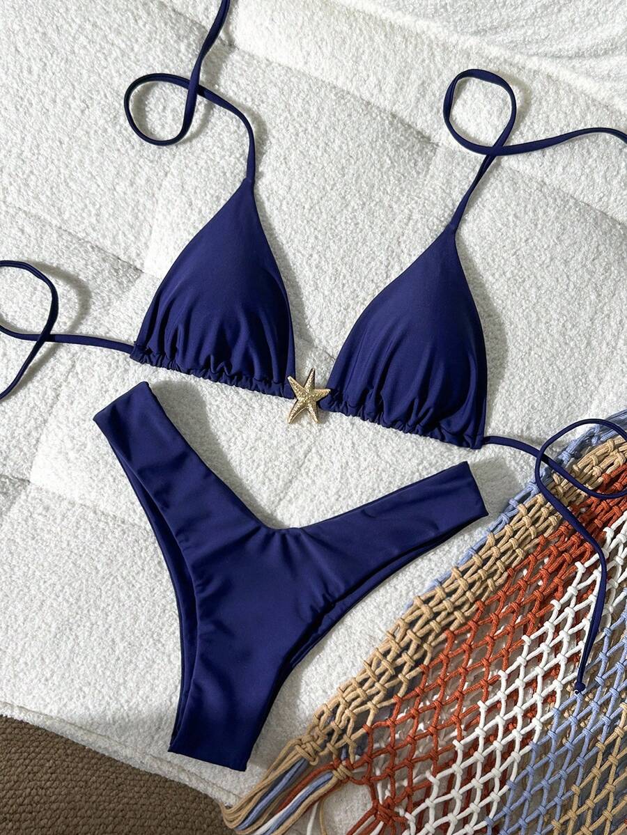 Swim Vcay Women's Solid Color Spaghetti Strap Metal Decor Sexy Bikini Set, Summer