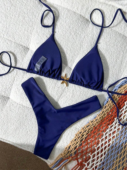 Swim Vcay Women's Solid Color Spaghetti Strap Metal Decor Sexy Bikini Set, Summer