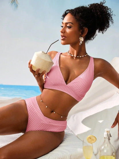 Women's V-Neck Textured Tankini Set - Ruched, Spaghetti Strap, High Waist, Multicolor