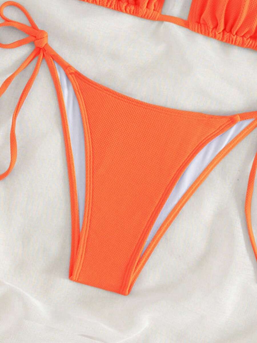 Swim Vcay 2026 Spring/Summer Green Special Fabric Women's Swimwear, Spaghetti Strap Halter Solid Color Sexy Side Tie Thong Bikini Two-Piece Swimwear Teal Bikini Tie Bikini Set Textured Bikini Triangle Bikini Triangle Bikini Set