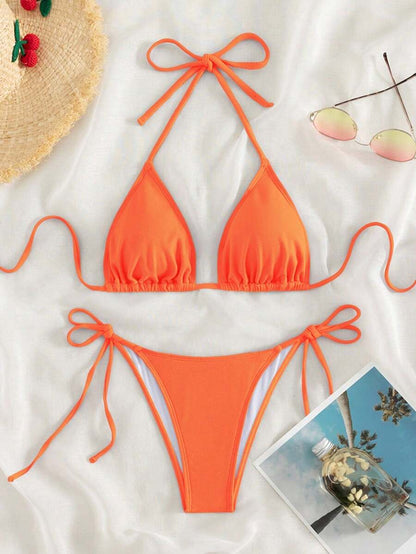 Swim Vcay 2026 Spring/Summer Green Special Fabric Women's Swimwear, Spaghetti Strap Halter Solid Color Sexy Side Tie Thong Bikini Two-Piece Swimwear Teal Bikini Tie Bikini Set Textured Bikini Triangle Bikini Triangle Bikini Set