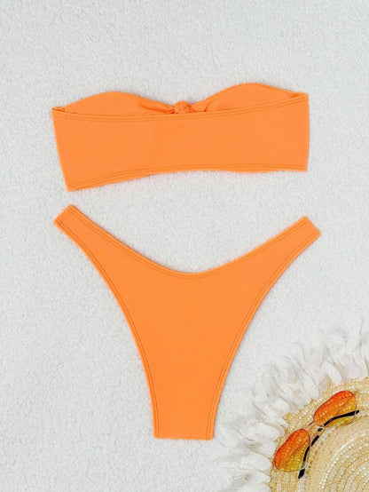 Swim Vcay Solid Color Bikini Swimming Suit For Beach Vacation, Strapless, Wireless For Summer