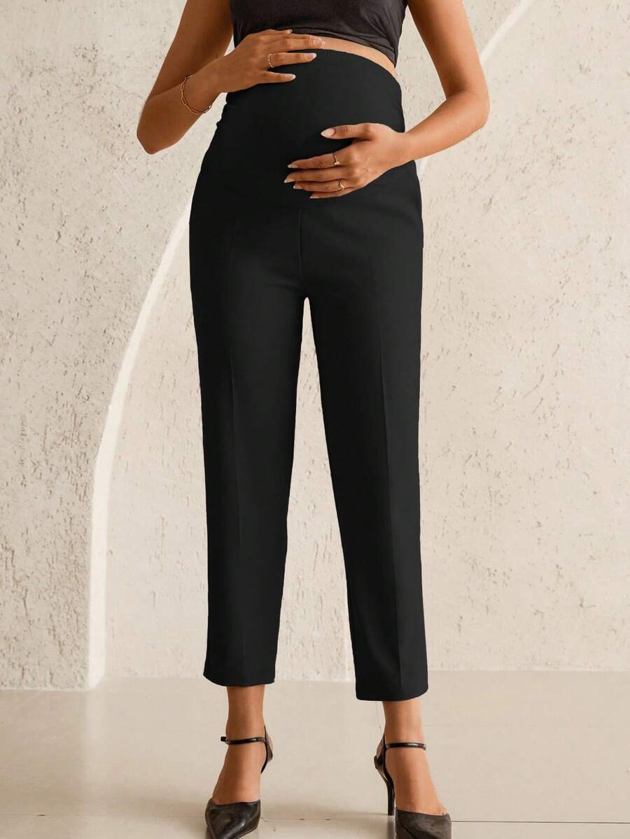Maternity Tailored Office Pants - Adjustable Waist, Belly Support, Cropped, Black