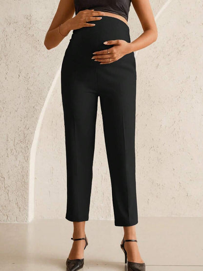Maternity Tailored Office Pants - Adjustable Waist, Belly Support, Cropped, Black