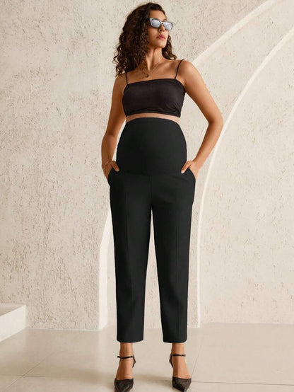 Maternity Tailored Office Pants - Adjustable Waist, Belly Support, Cropped, Black