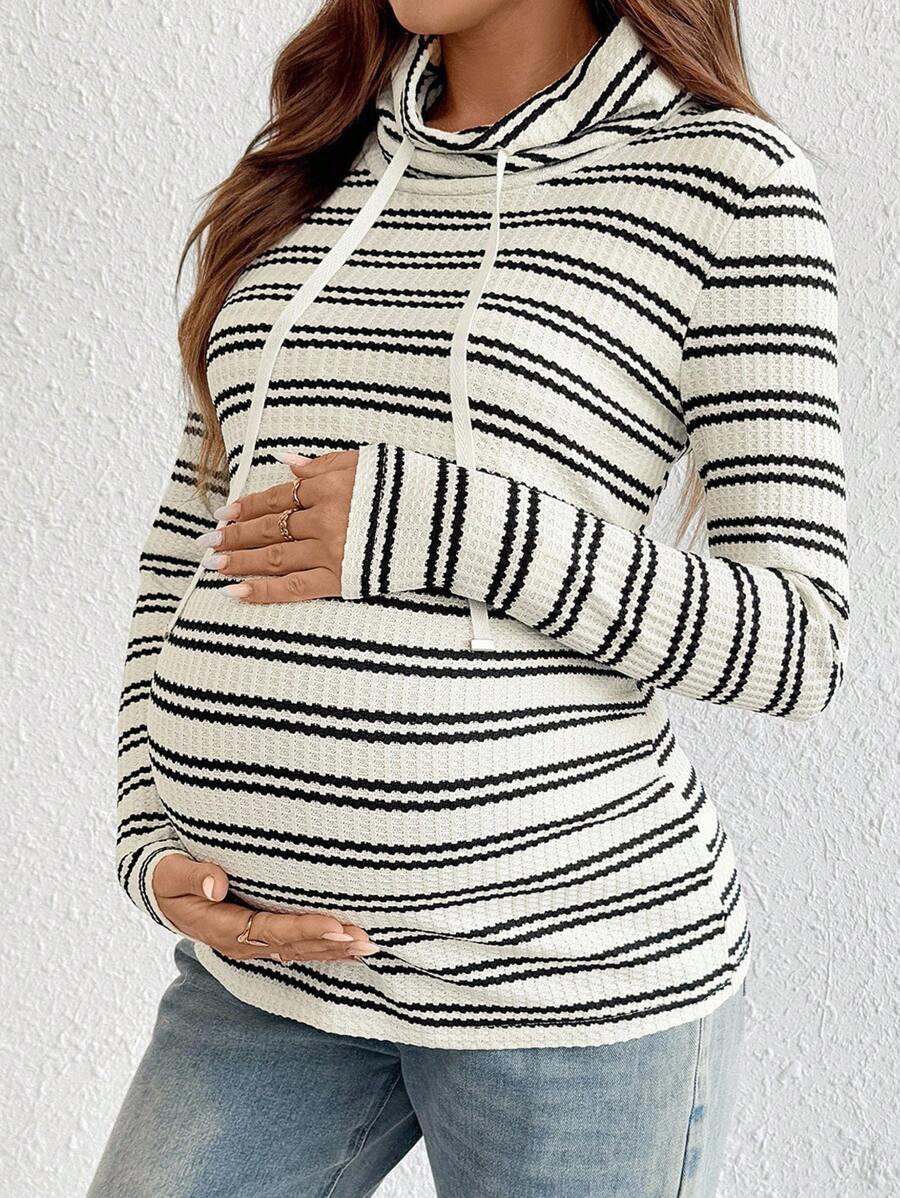 Striped Maternity Nursing Hoodie with Long Sleeve Drop Shoulder and Drawstring Detail in Apricot Knit for Autumn Winter