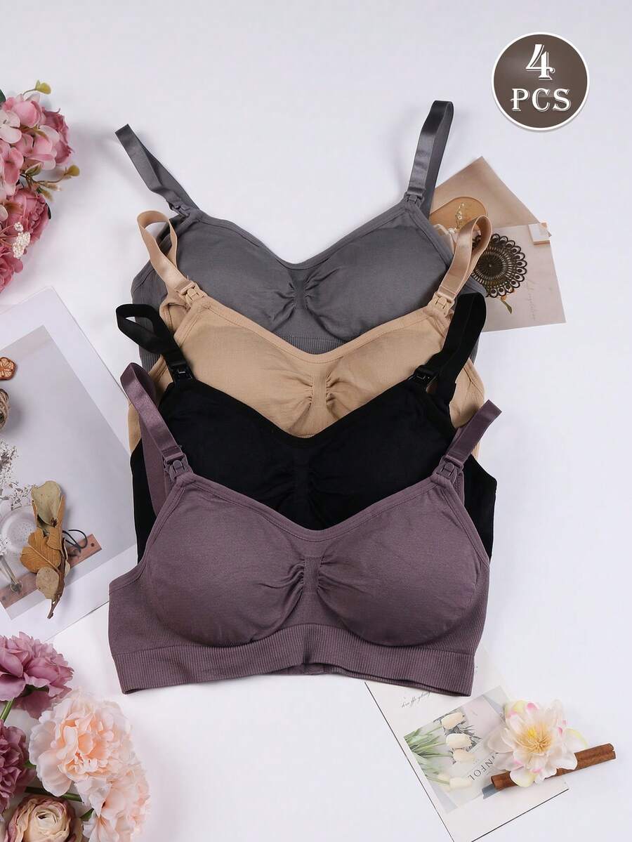 4PCS Maternity Nursing Bras Set Women Simple Solid Color Comfortable Breastfeeding Support Bra Set