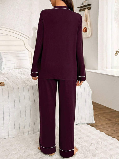 Burgundy Contrast Trim V-Neck Robe and Letter Embroidery Pants Maternity Lounge Set - 2 Piece Cozy Fall and Winter Sleepwear Set