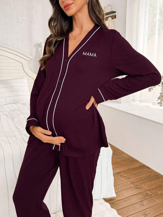 Burgundy Contrast Trim V-Neck Robe and Letter Embroidery Pants Maternity Lounge Set - 2 Piece Cozy Fall and Winter Sleepwear Set