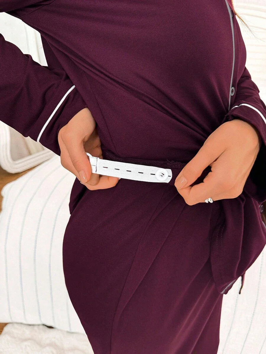 Burgundy Contrast Trim V-Neck Robe and Letter Embroidery Pants Maternity Lounge Set - 2 Piece Cozy Fall and Winter Sleepwear Set