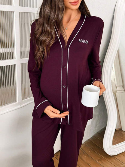 Burgundy Contrast Trim V-Neck Robe and Letter Embroidery Pants Maternity Lounge Set - 2 Piece Cozy Fall and Winter Sleepwear Set
