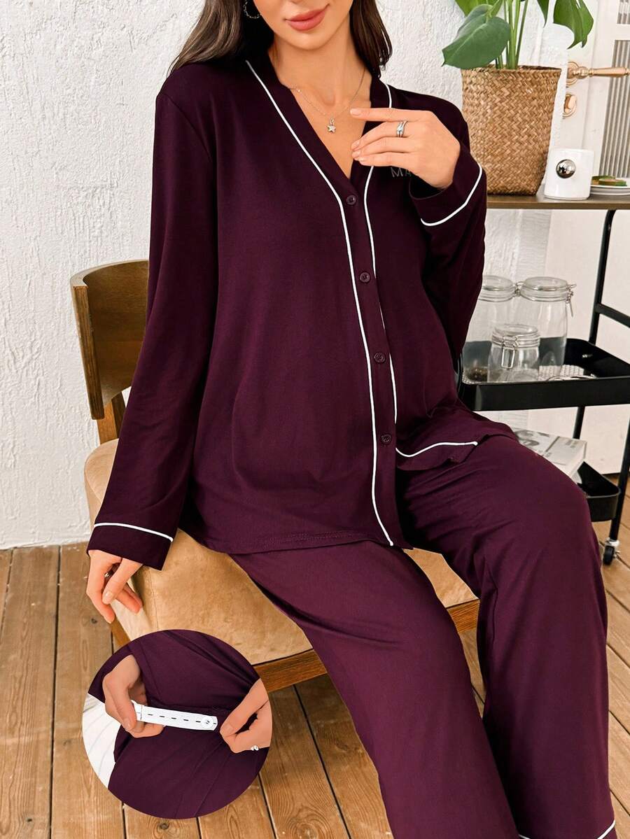 Burgundy Contrast Trim V-Neck Robe and Letter Embroidery Pants Maternity Lounge Set - 2 Piece Cozy Fall and Winter Sleepwear Set