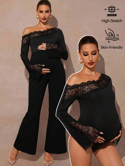 Maternity Solid Color Lace Patchwork Asymmetrical Shoulder Flare Sleeve Sexy Jumpsuit Fall Winter Clothes Off The Shoulder