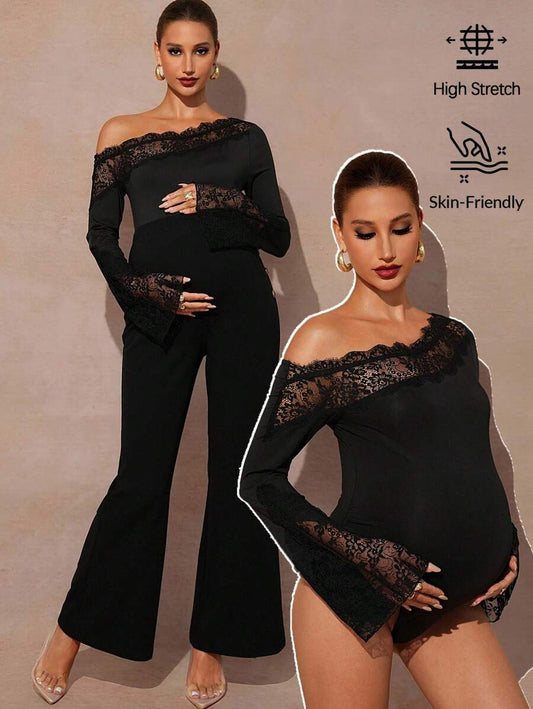 Maternity Solid Color Lace Patchwork Asymmetrical Shoulder Flare Sleeve Sexy Jumpsuit Fall Winter Clothes Off The Shoulder