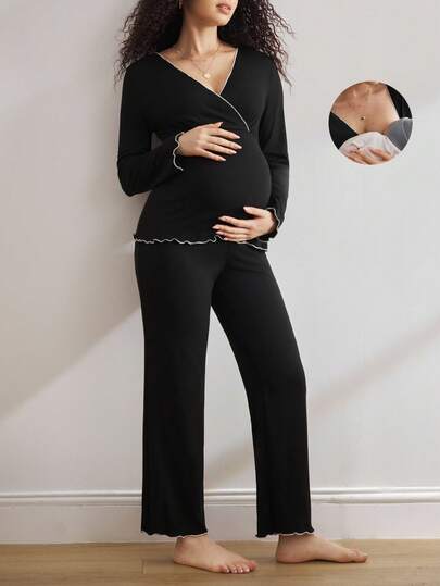 Maternity Black Loungewear Set Women V Neck Long Sleeve Top and Pants Wavy Hem Cozy Fall Winter Sleepwear
