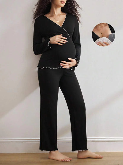 Maternity Black Loungewear Set Women V Neck Long Sleeve Top and Pants Wavy Hem Cozy Fall Winter Sleepwear