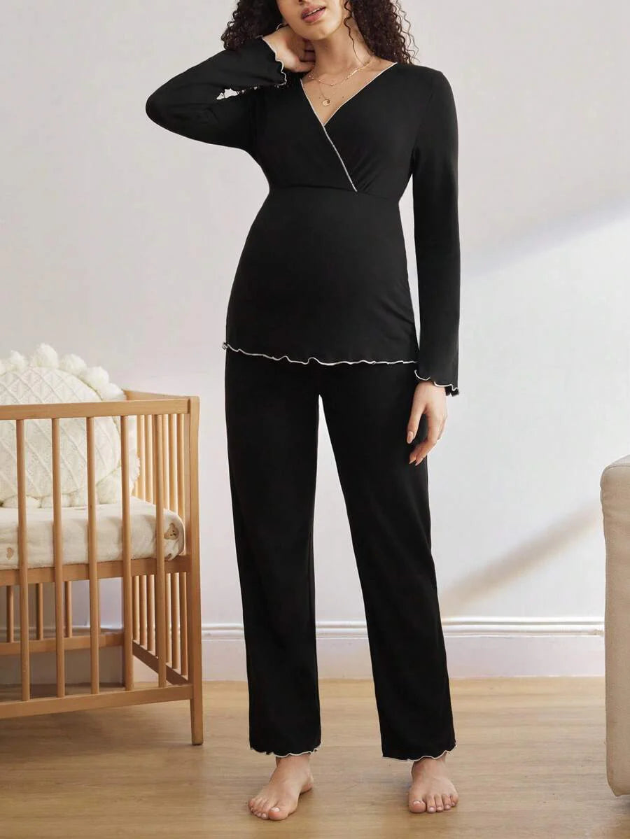 Maternity Black Loungewear Set Women V Neck Long Sleeve Top and Pants Wavy Hem Cozy Fall Winter Sleepwear