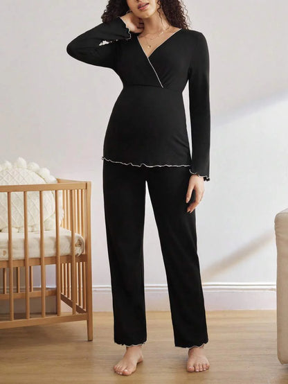 Maternity Black Loungewear Set Women V Neck Long Sleeve Top and Pants Wavy Hem Cozy Fall Winter Sleepwear