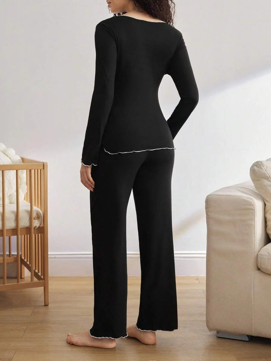 Maternity Black Loungewear Set Women V Neck Long Sleeve Top and Pants Wavy Hem Cozy Fall Winter Sleepwear
