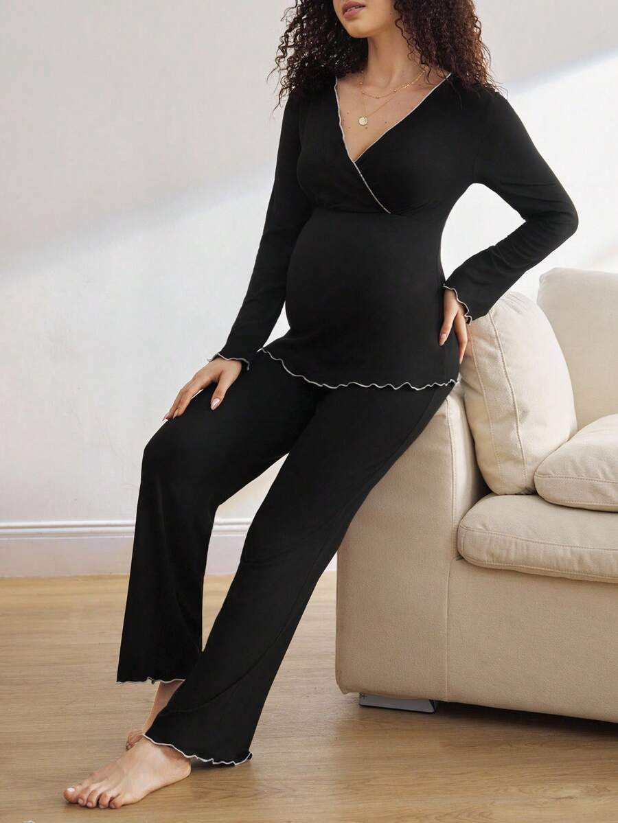 Maternity Black Loungewear Set Women V Neck Long Sleeve Top and Pants Wavy Hem Cozy Fall Winter Sleepwear