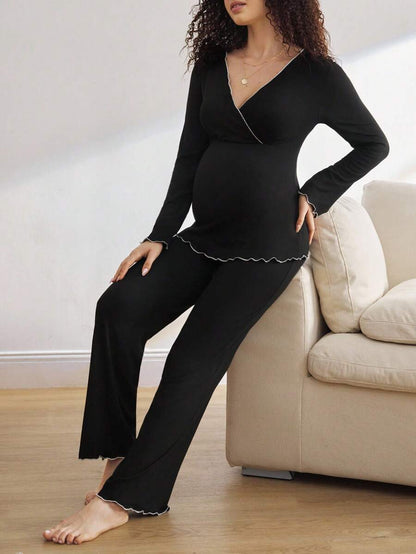 Maternity Black Loungewear Set Women V Neck Long Sleeve Top and Pants Wavy Hem Cozy Fall Winter Sleepwear