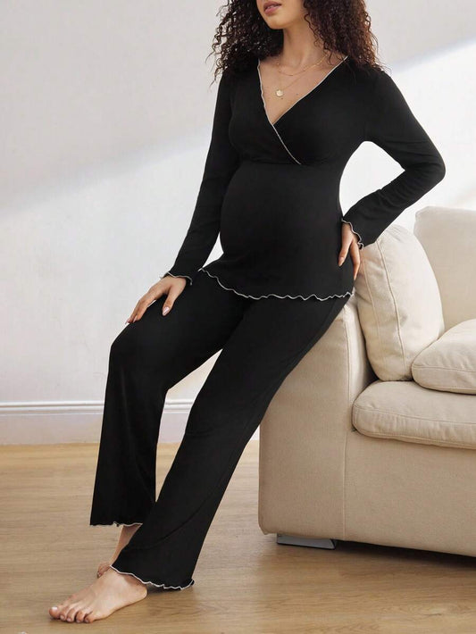 Maternity Black Loungewear Set Women V Neck Long Sleeve Top and Pants Wavy Hem Cozy Fall Winter Sleepwear