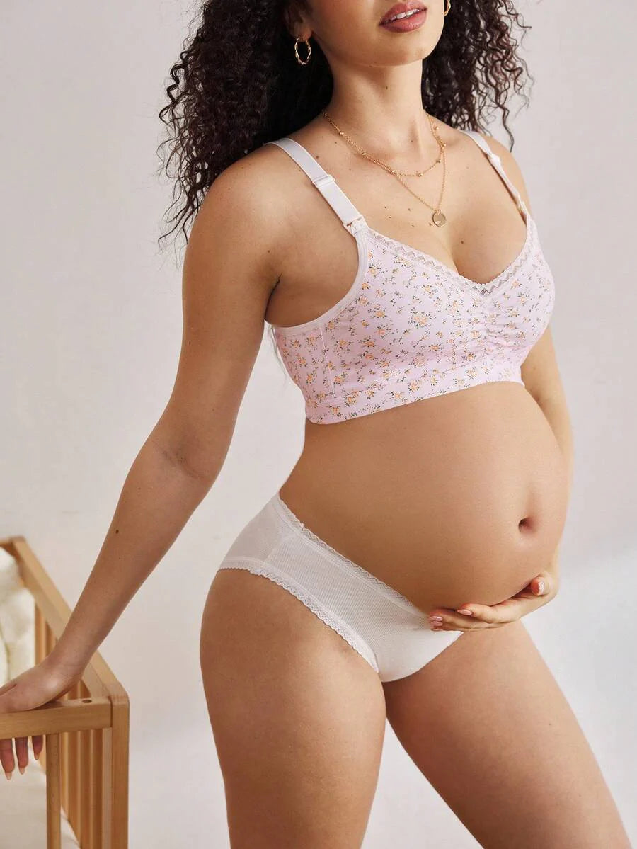 Maternity Lingerie Set - Ditsy Floral Detachable Casual Nursing Sleepwear, Bra and Panty
