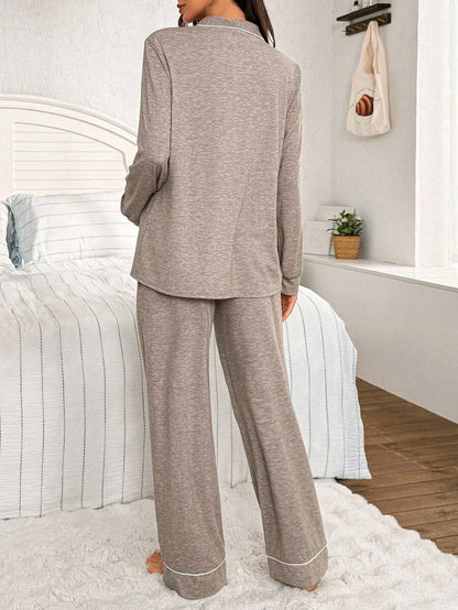 Moonlight and Mama Khaki Contrast Trim Maternity Pajama Set - Long Sleeve Lapel Collar Top and Pants 2 Piece Set - Casual Fall Winter Sleepwear