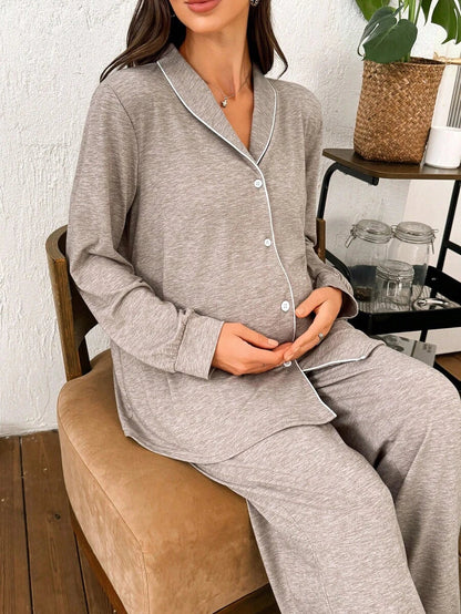 Moonlight and Mama Khaki Contrast Trim Maternity Pajama Set - Long Sleeve Lapel Collar Top and Pants 2 Piece Set - Casual Fall Winter Sleepwear