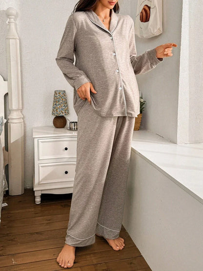 Moonlight and Mama Khaki Contrast Trim Maternity Pajama Set - Long Sleeve Lapel Collar Top and Pants 2 Piece Set - Casual Fall Winter Sleepwear
