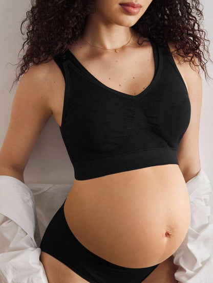 Seamless Maternity and Nursing Bra Wireless Black High Rise Backless Knitted Comfort Nursing Bralette for Daily Wear