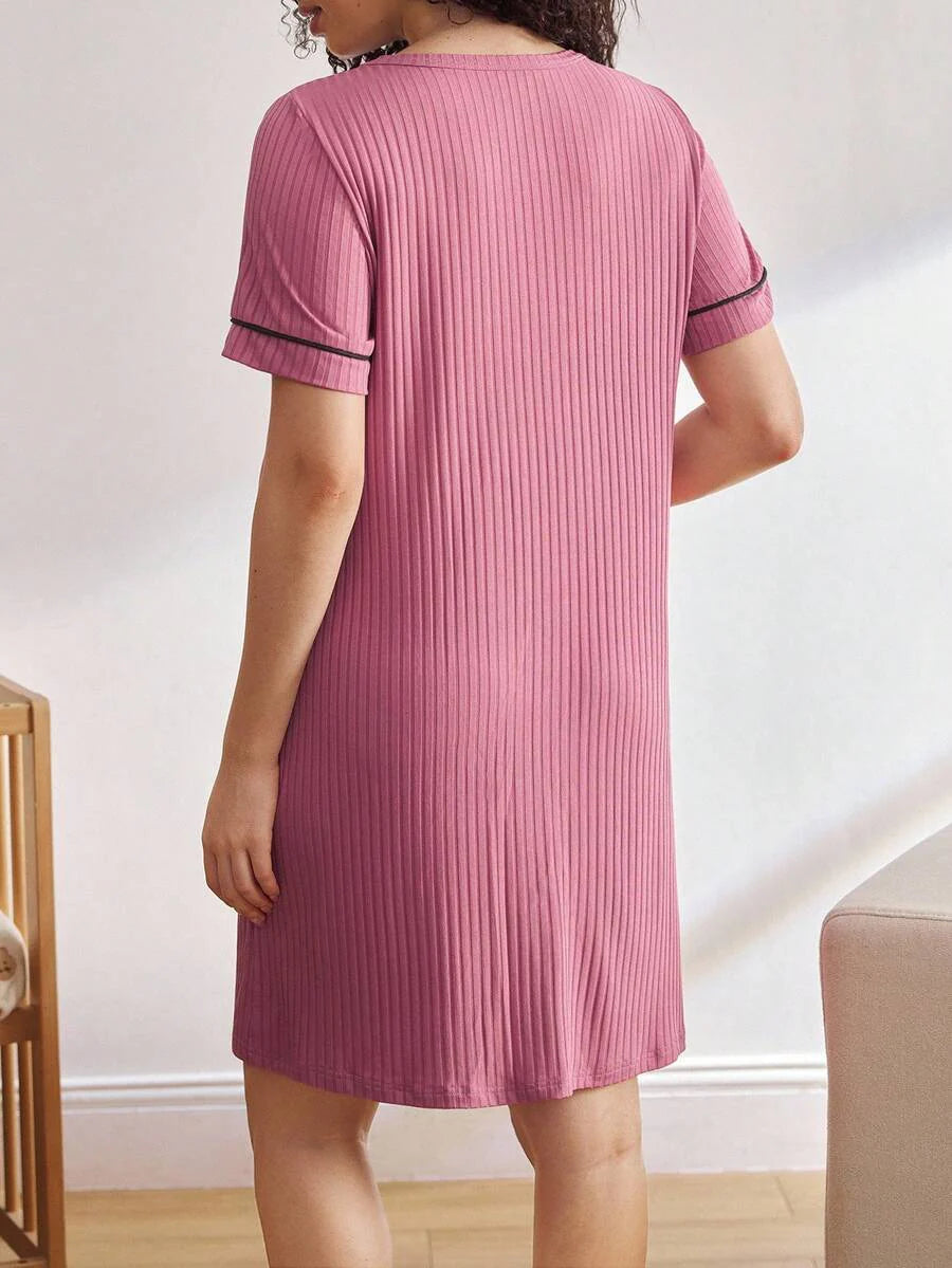 Maternity Ribbed Button Front Nightgown - Short Sleeve Sleepwear Pajama Dress Nursing Homewear