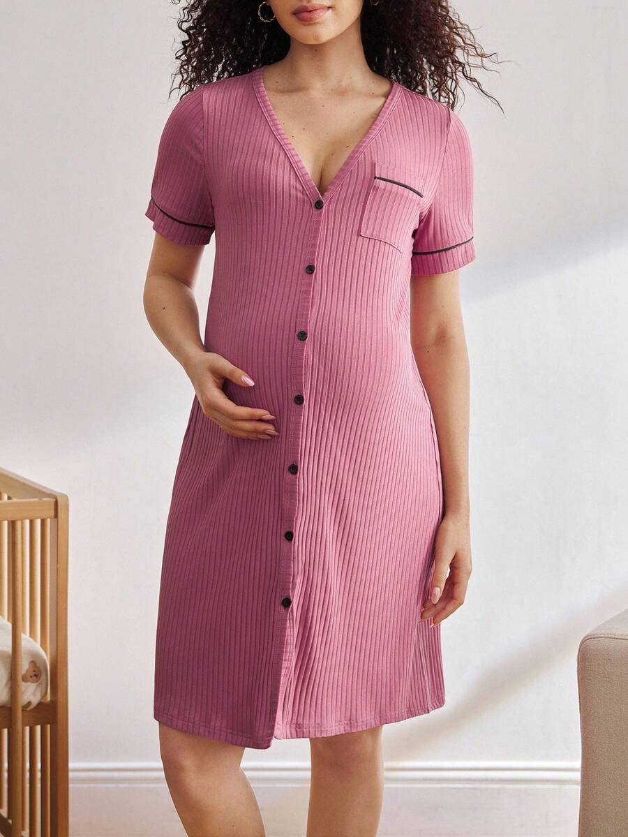 Maternity Ribbed Button Front Nightgown - Short Sleeve Sleepwear Pajama Dress Nursing Homewear