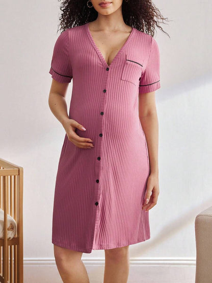 Maternity Ribbed Button Front Nightgown - Short Sleeve Sleepwear Pajama Dress Nursing Homewear