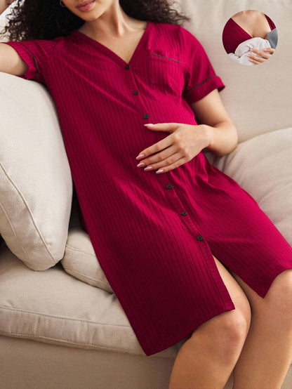 Maternity Ribbed Button Front Nightgown - Short Sleeve Sleepwear Pajama Dress Nursing Homewear