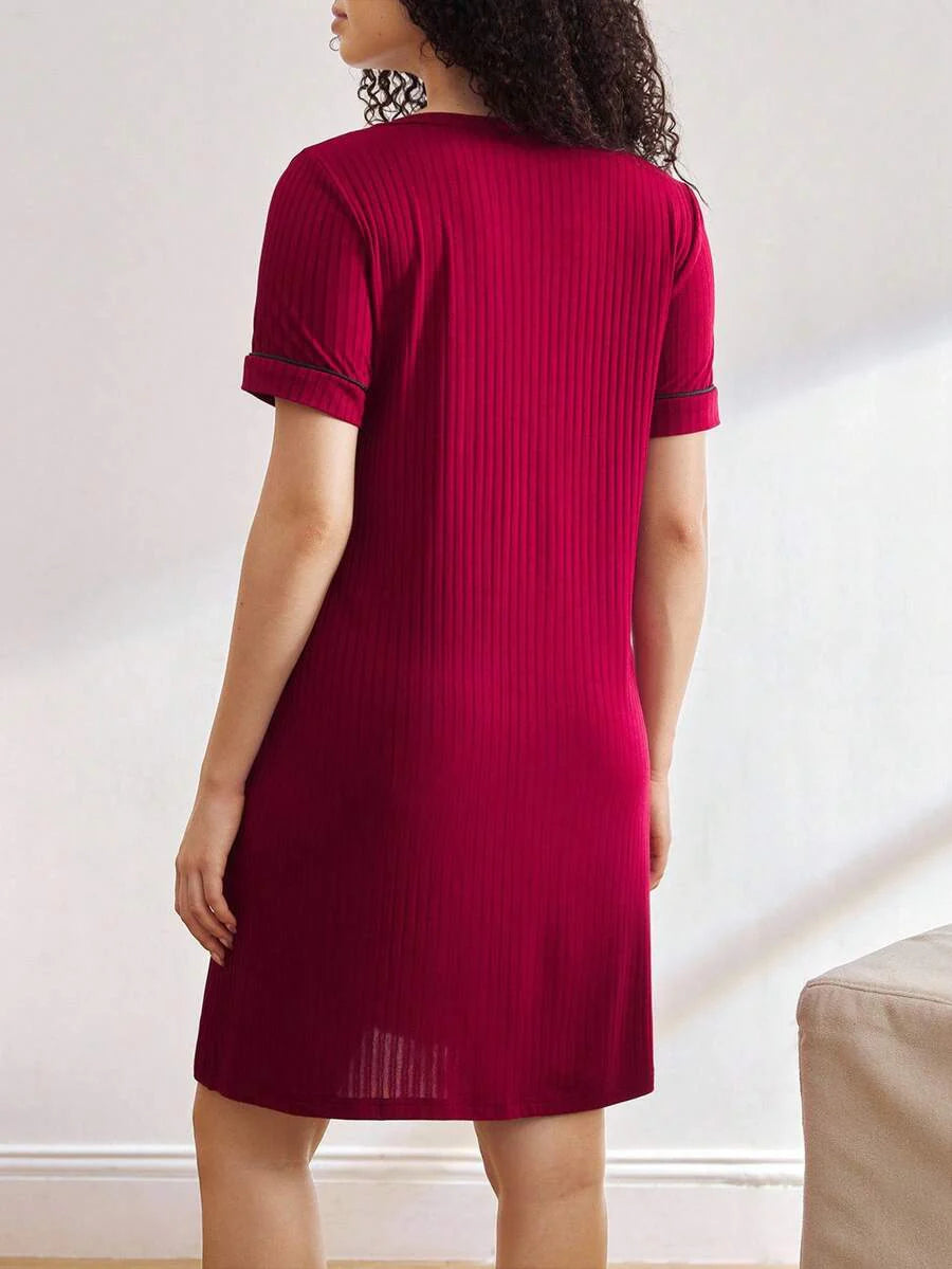 Maternity Ribbed Nursing Nightgown Women Short Sleeve Button Sleepwear Pajama Dress